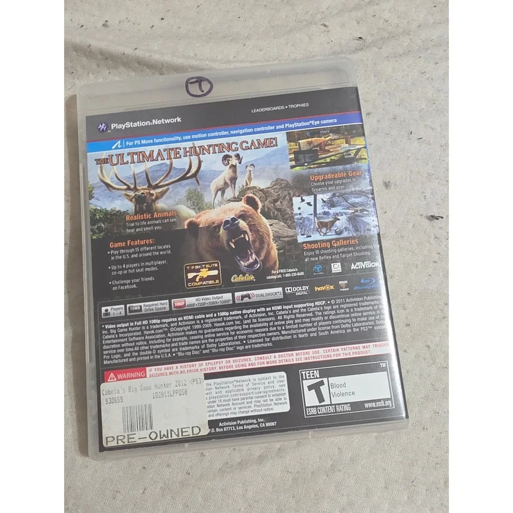 Cabelas Big Game Hunter 2012 Sony PS3 PlayStation 3 Activision Hunting Game